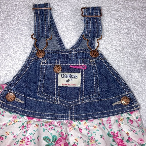 OshKosh B'Gosh Denim Overalls Dress Tiered VestBack Flowers Gingham Pink 9m - Picture 3 of 7